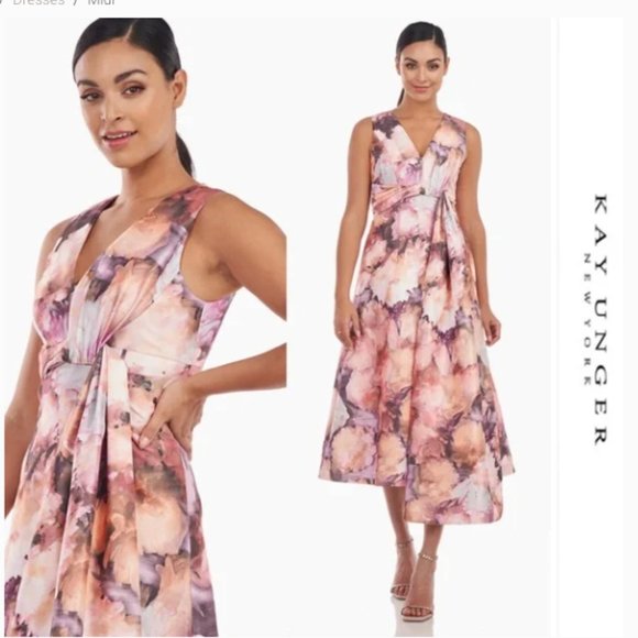 KAY UNGER LANI FLORAL PRINT METALLIC ORGANZA PINK MULTI MIDI DRESS sz 6 - Picture 4 of 6